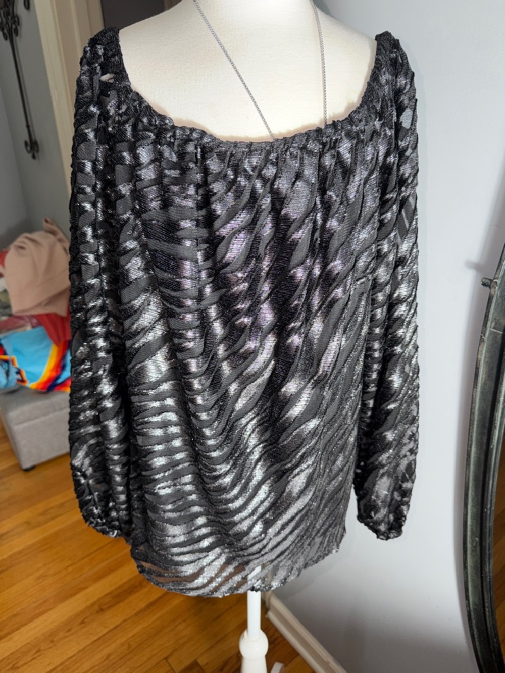 White House Black Market Black Sheer Zebra-Texture Off-Shoulder Blouse